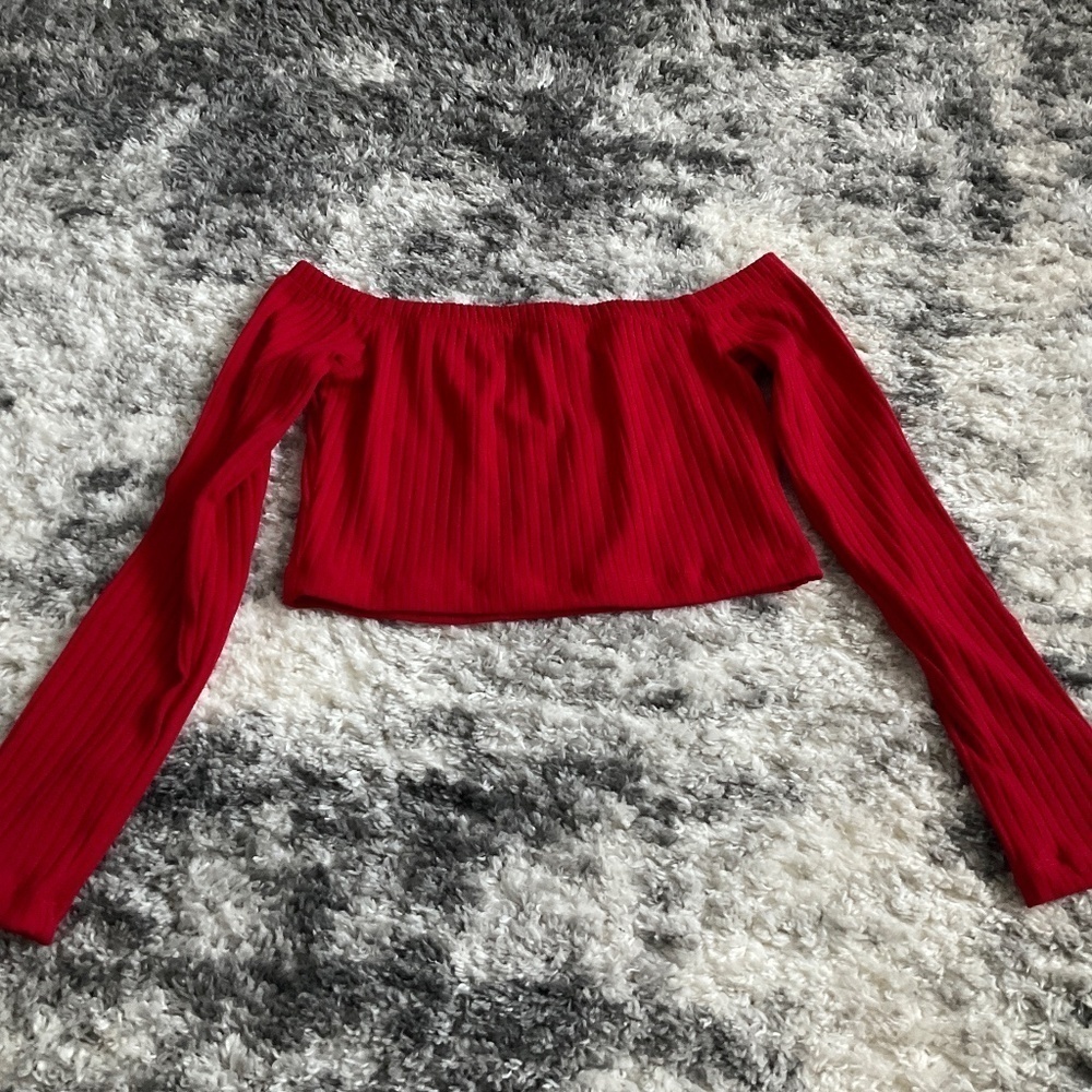 Red Off Shoulder Crop Top Long Sleeve Blouse Ribbed Knit Shirt